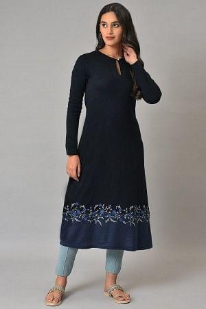 Dark Blue A-Line Colour Blocking Plus Size Winter kurta - wforwoman