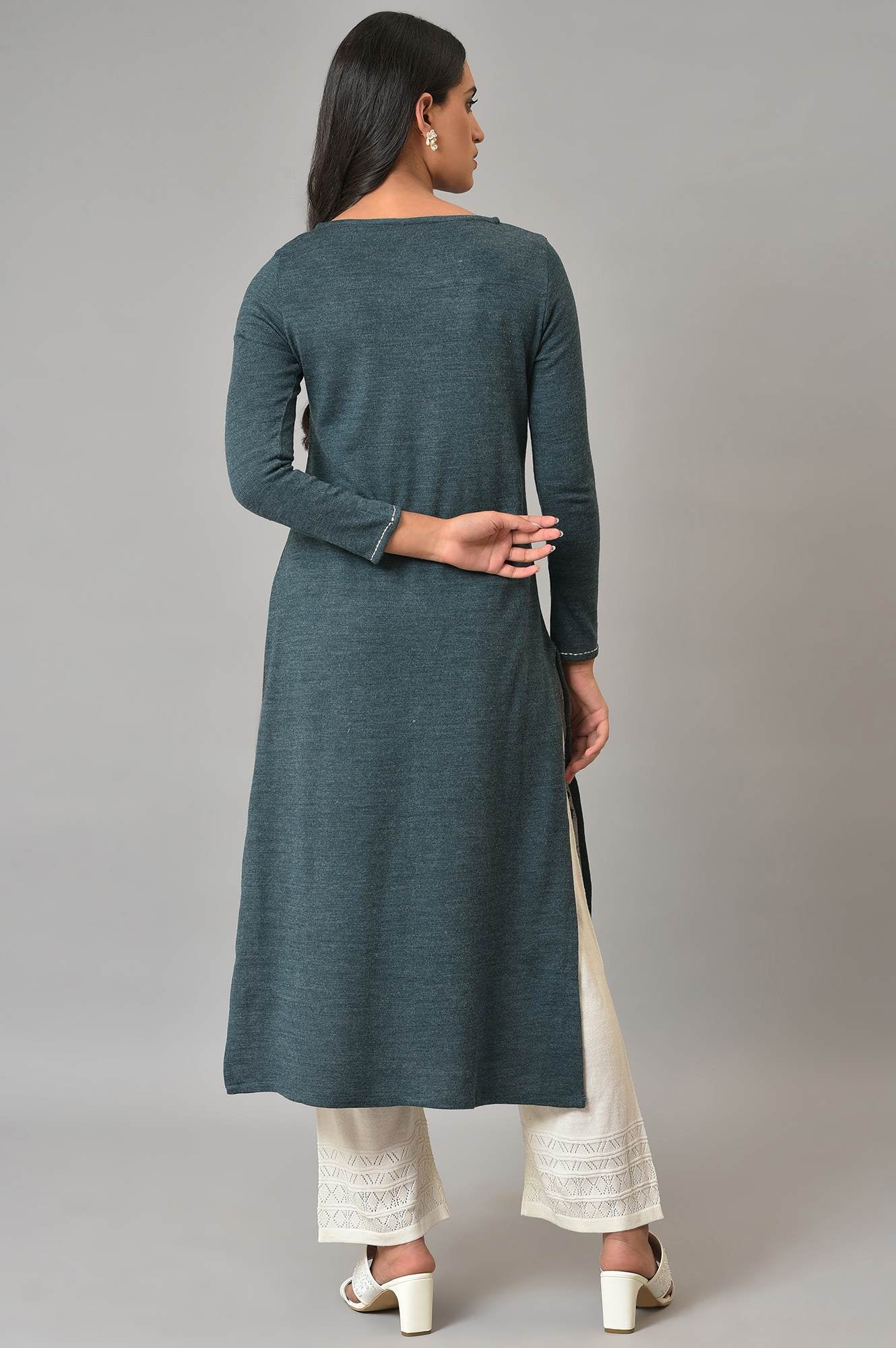 Blue Embroidered Winter kurta