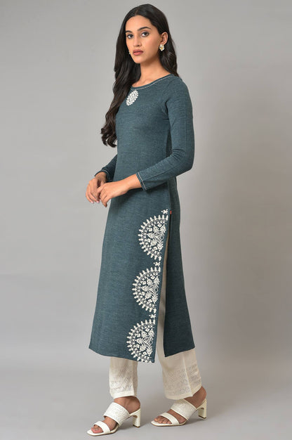 Blue Embroidered Winter kurta