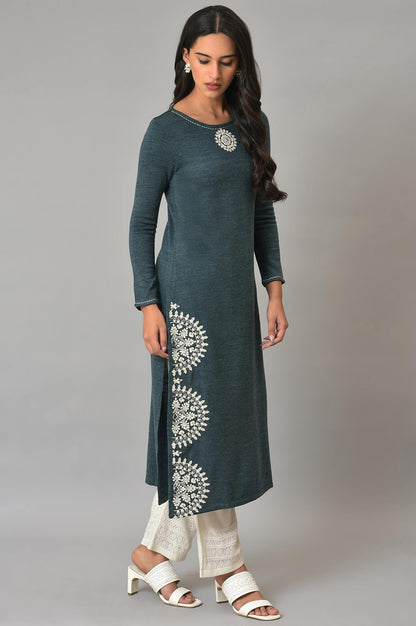 Blue Embroidered Winter kurta