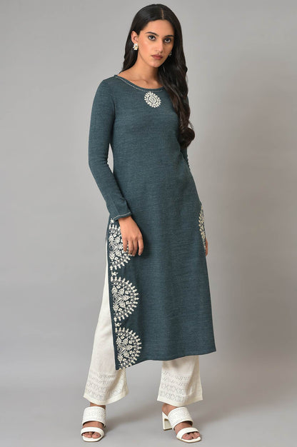 Blue Embroidered Winter kurta