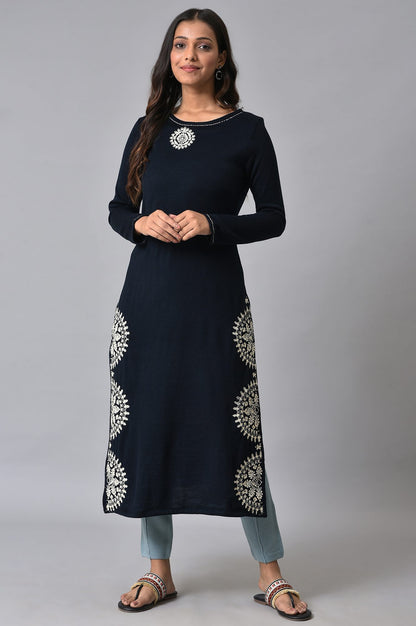 Dark Blue Embroidered Winter kurta