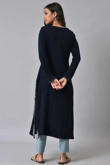 Dark Blue Embroidered Winter kurta