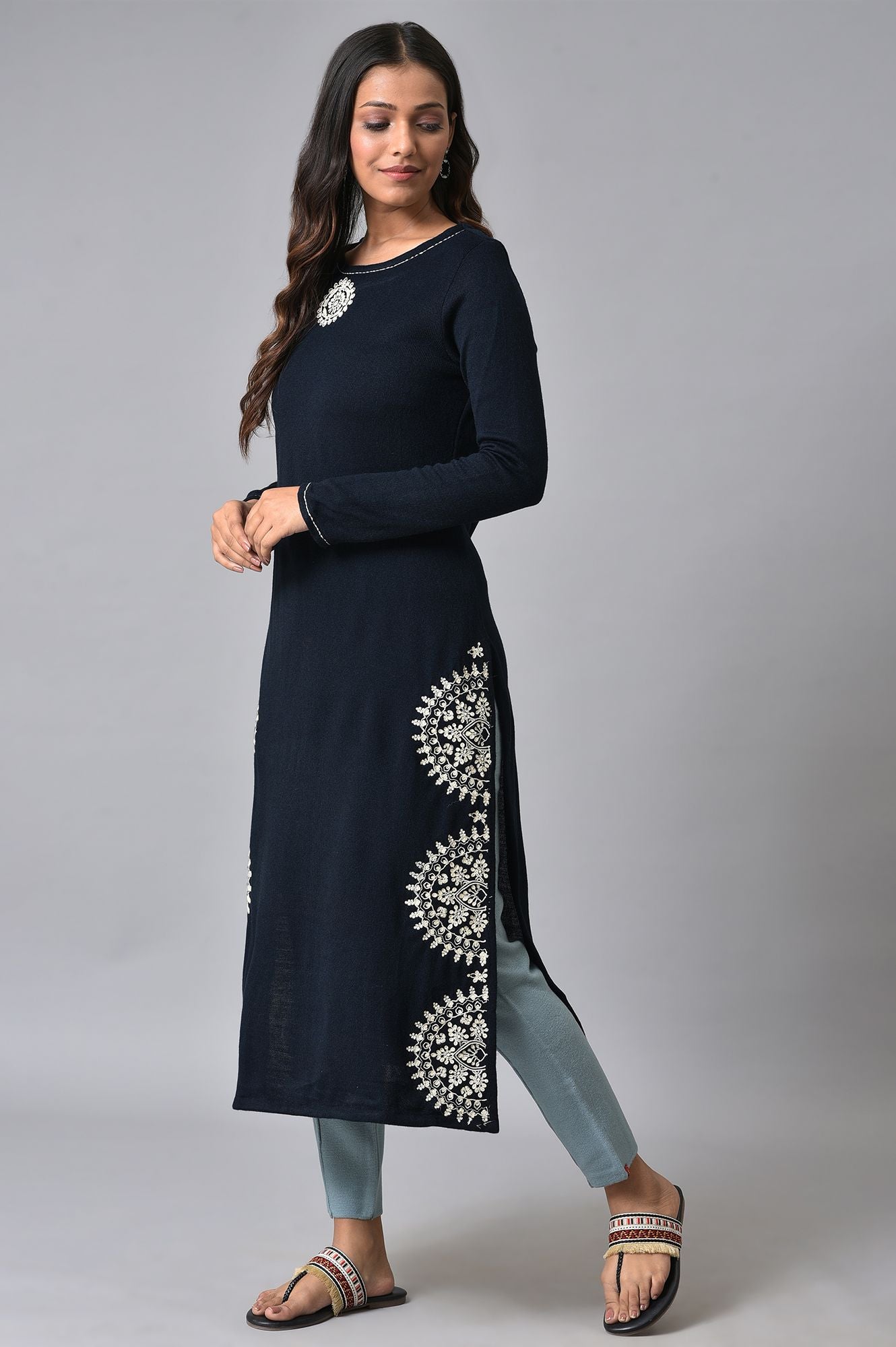 Dark Blue Embroidered Winter kurta