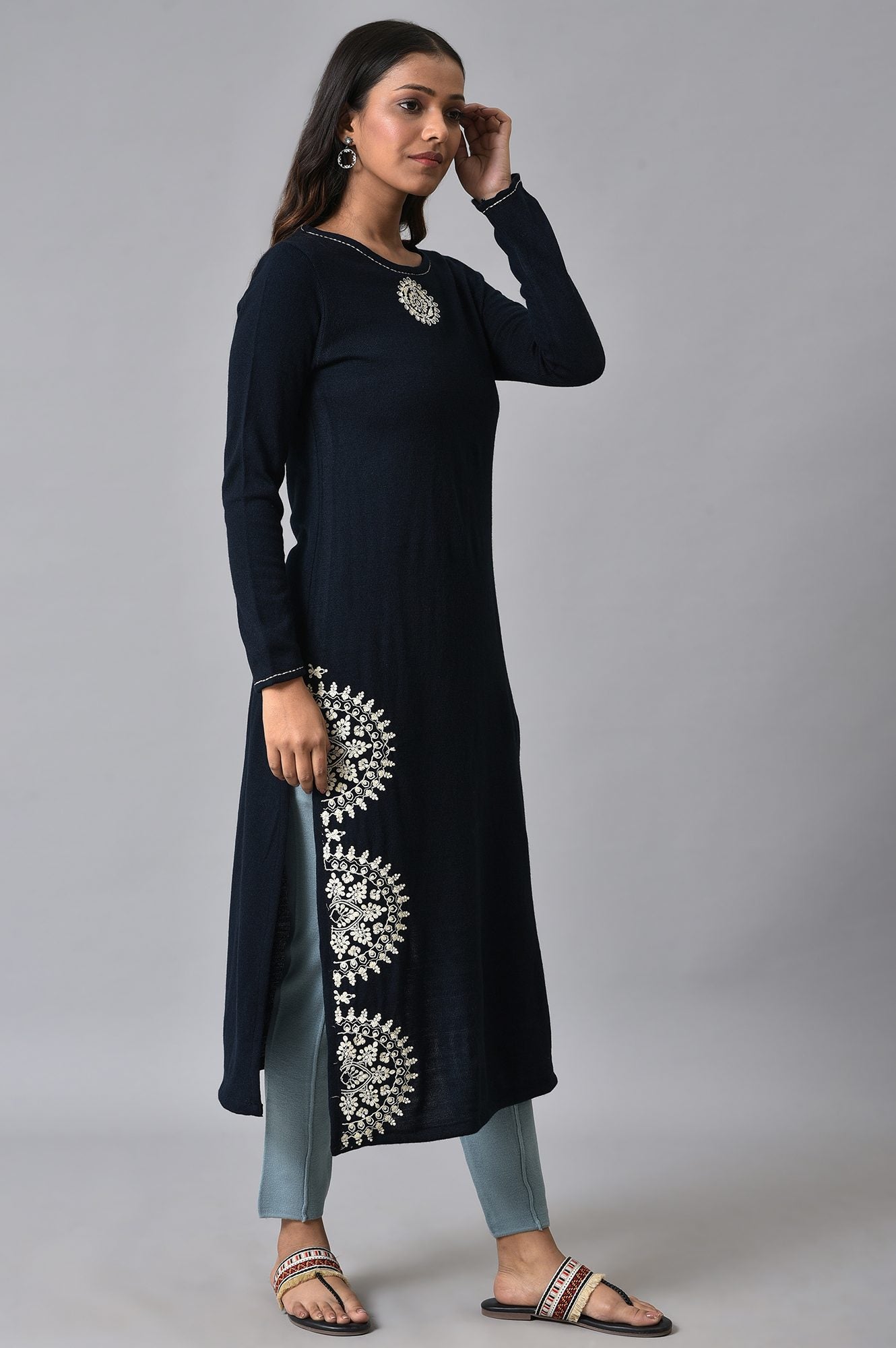 Dark Blue Embroidered Winter kurta