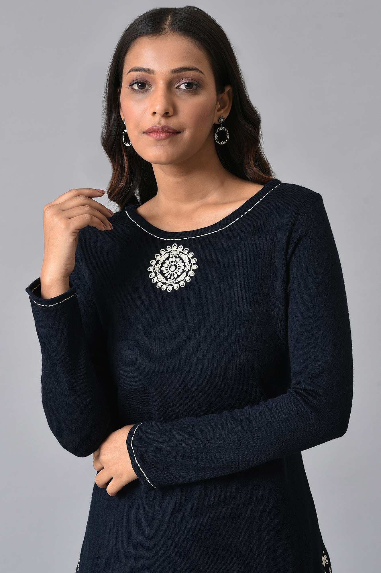 Dark Blue Embroidered Winter kurta