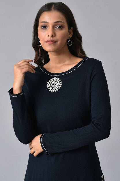 Dark Blue Embroidered Plus Size Winter kurta