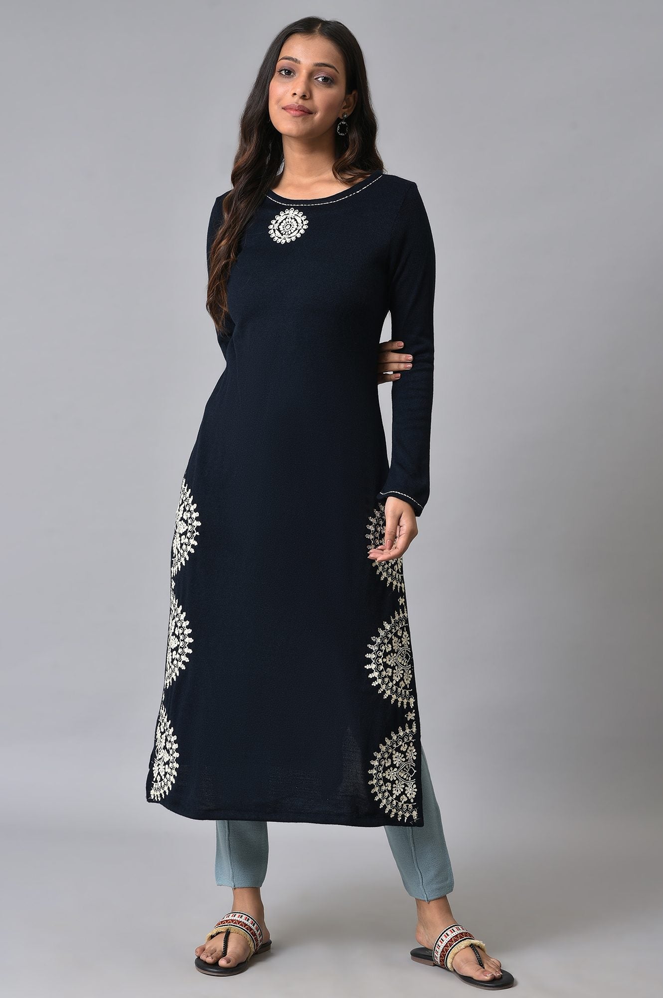 Dark Blue Embroidered Winter kurta