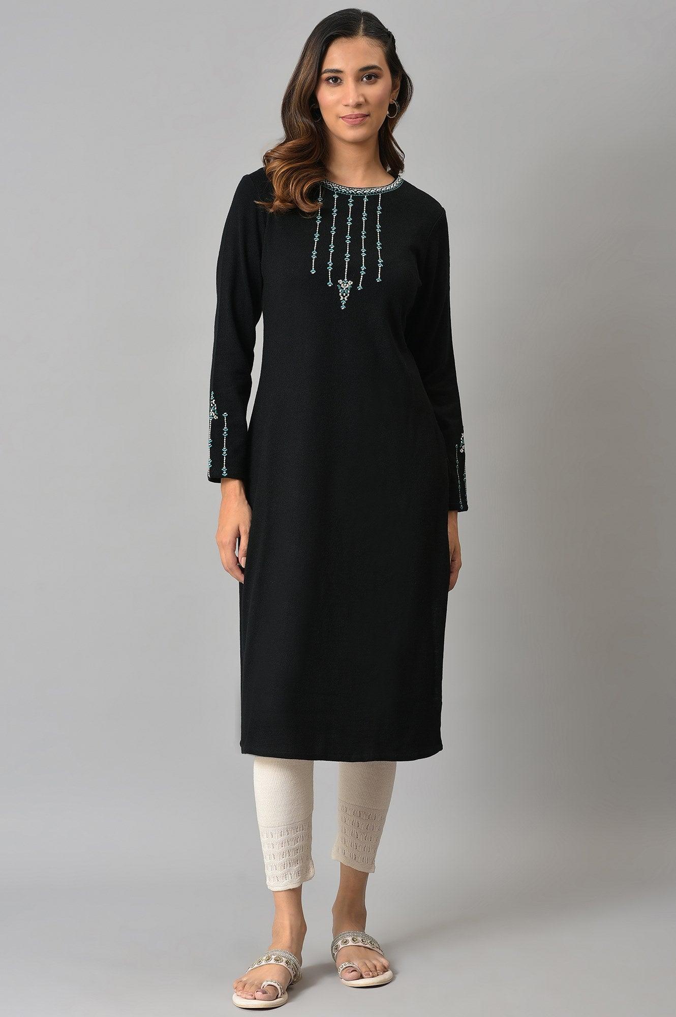 Black Embroidered Winter kurta - wforwoman