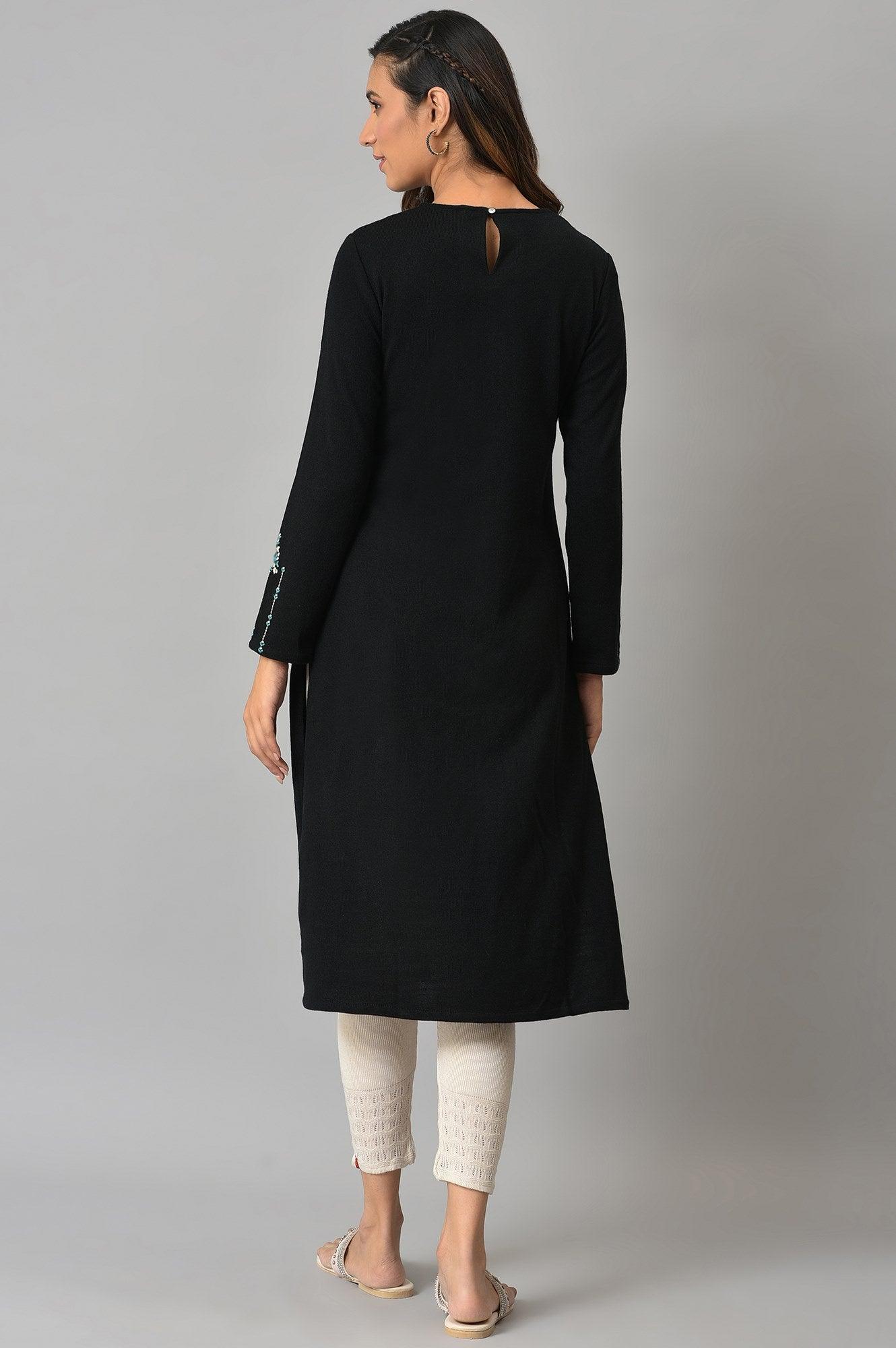 Black Embroidered Winter kurta - wforwoman