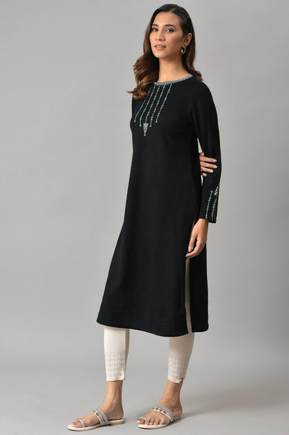 Black Embroidered Winter kurta - wforwoman