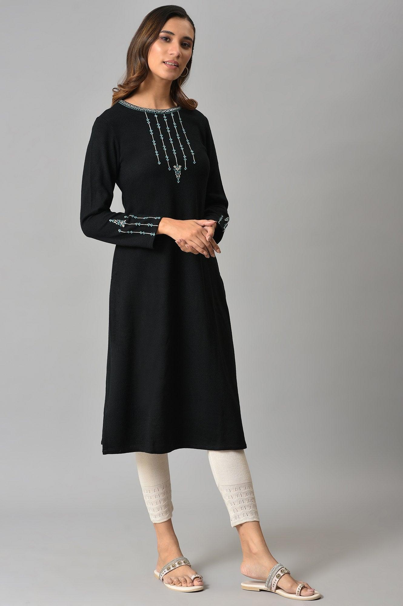 Black Embroidered Winter kurta - wforwoman