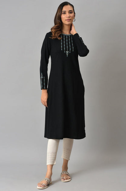 Black Embroidered Winter kurta - wforwoman