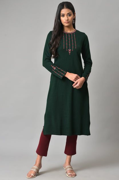 Dark Green Embroidered Winter kurta