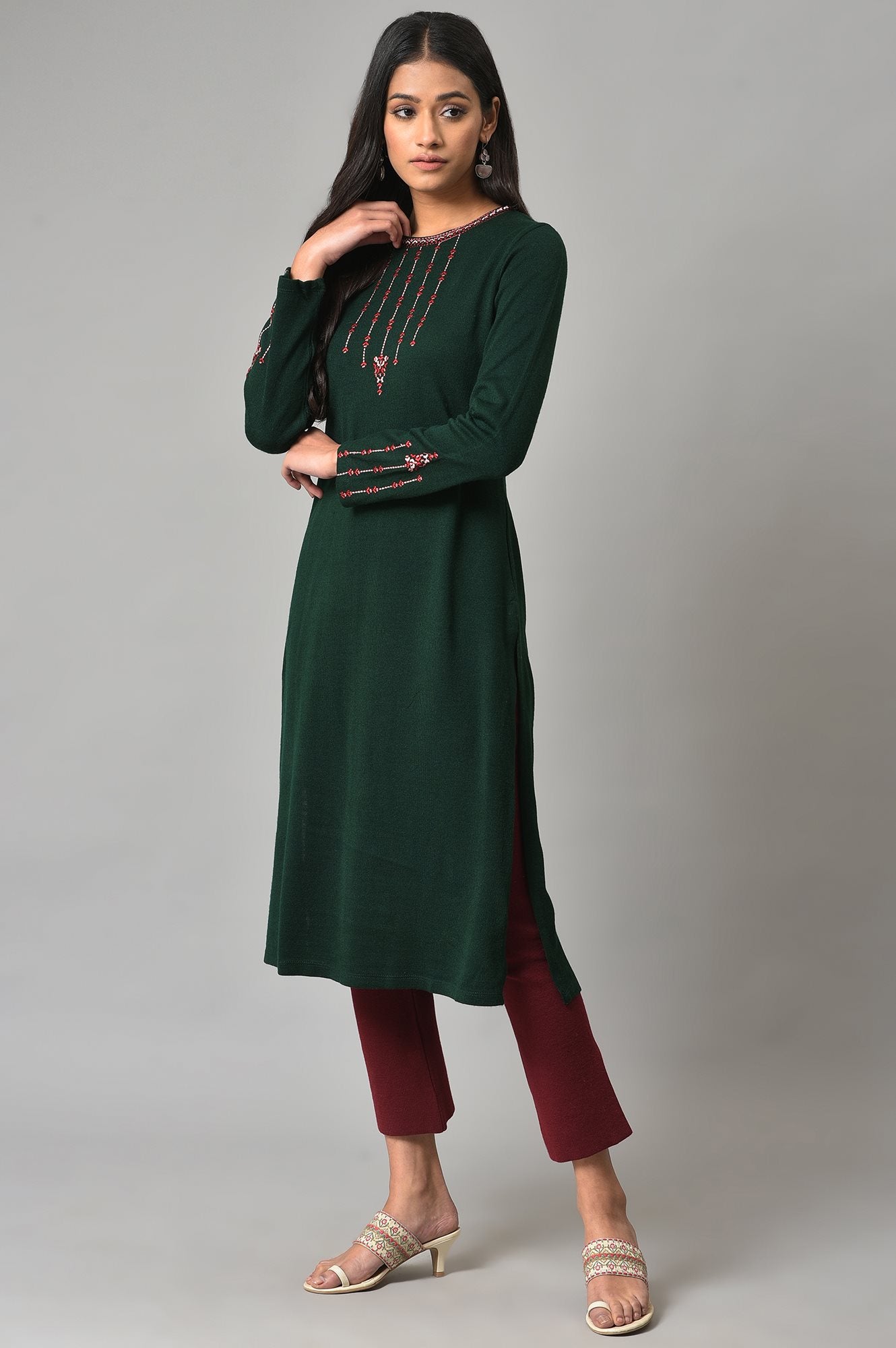 Dark Green Embroidered Winter kurta