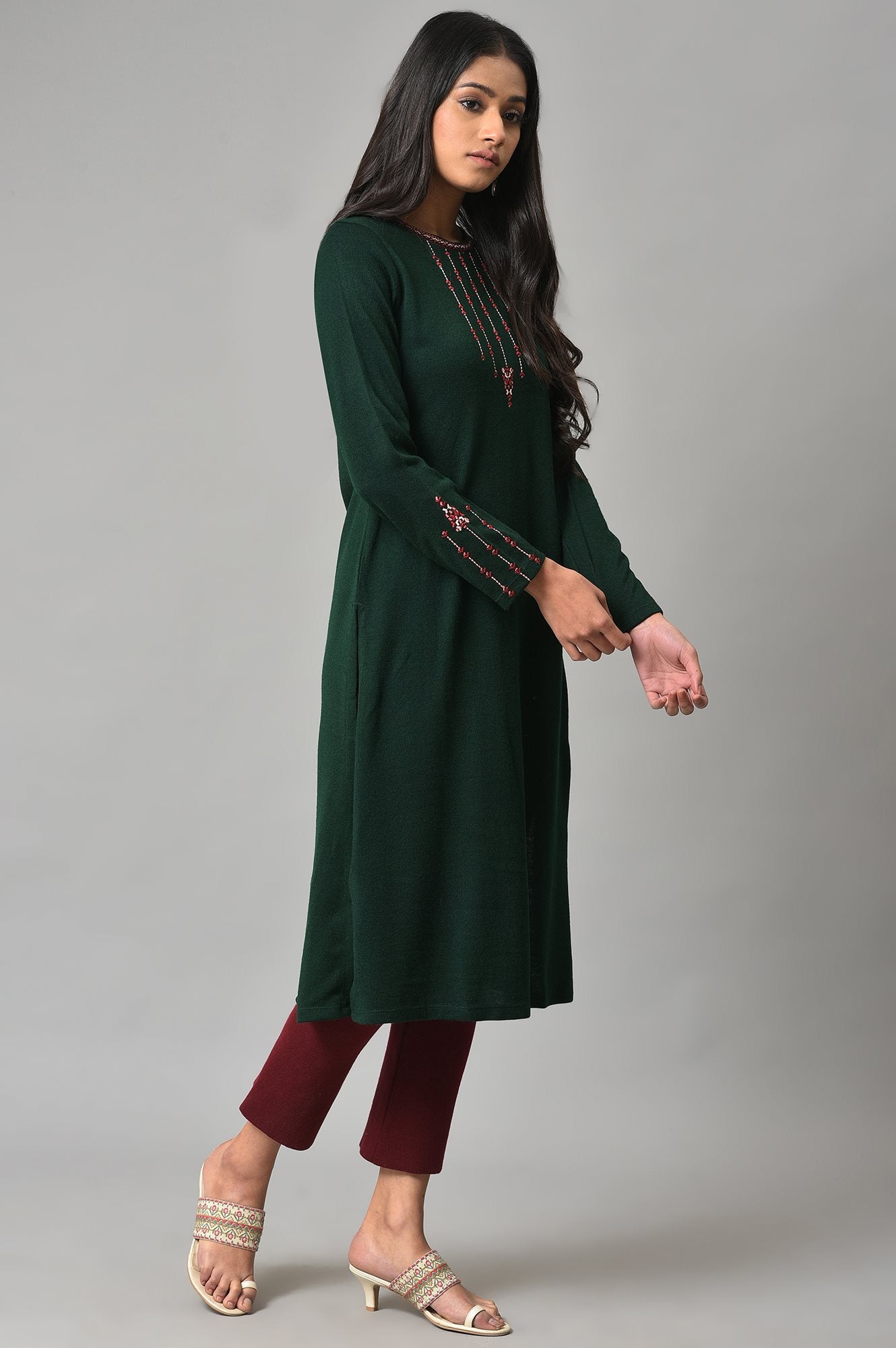 Dark Green Embroidered Winter kurta