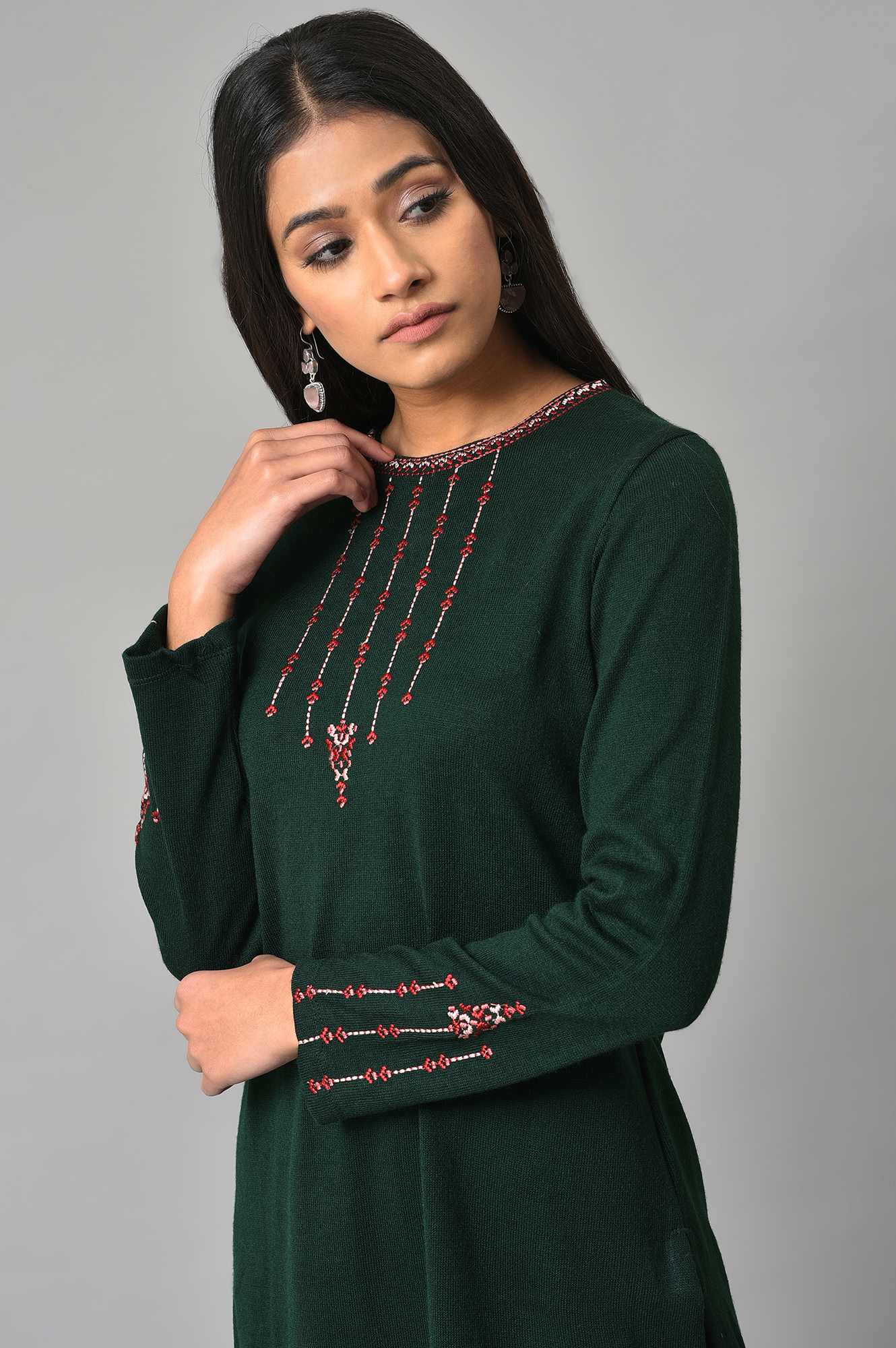 Dark Green Embroidered Winter kurta