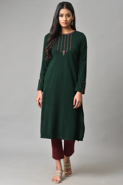 Dark Green Embroidered Winter kurta