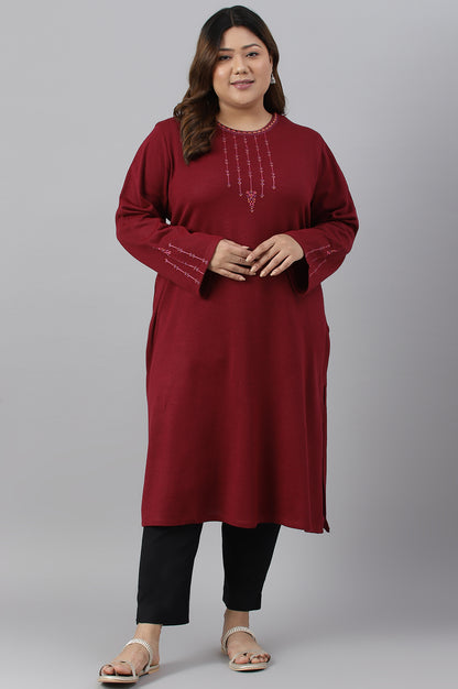 Dark Red Embroidered Plus Size Winter kurta