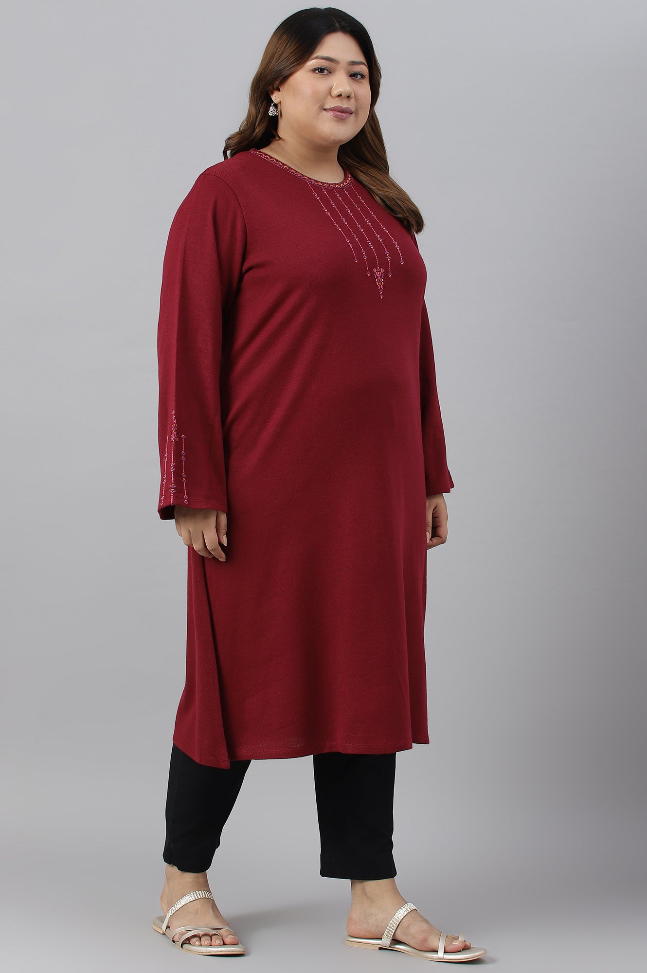 Dark Red Embroidered Plus Size Winter kurta