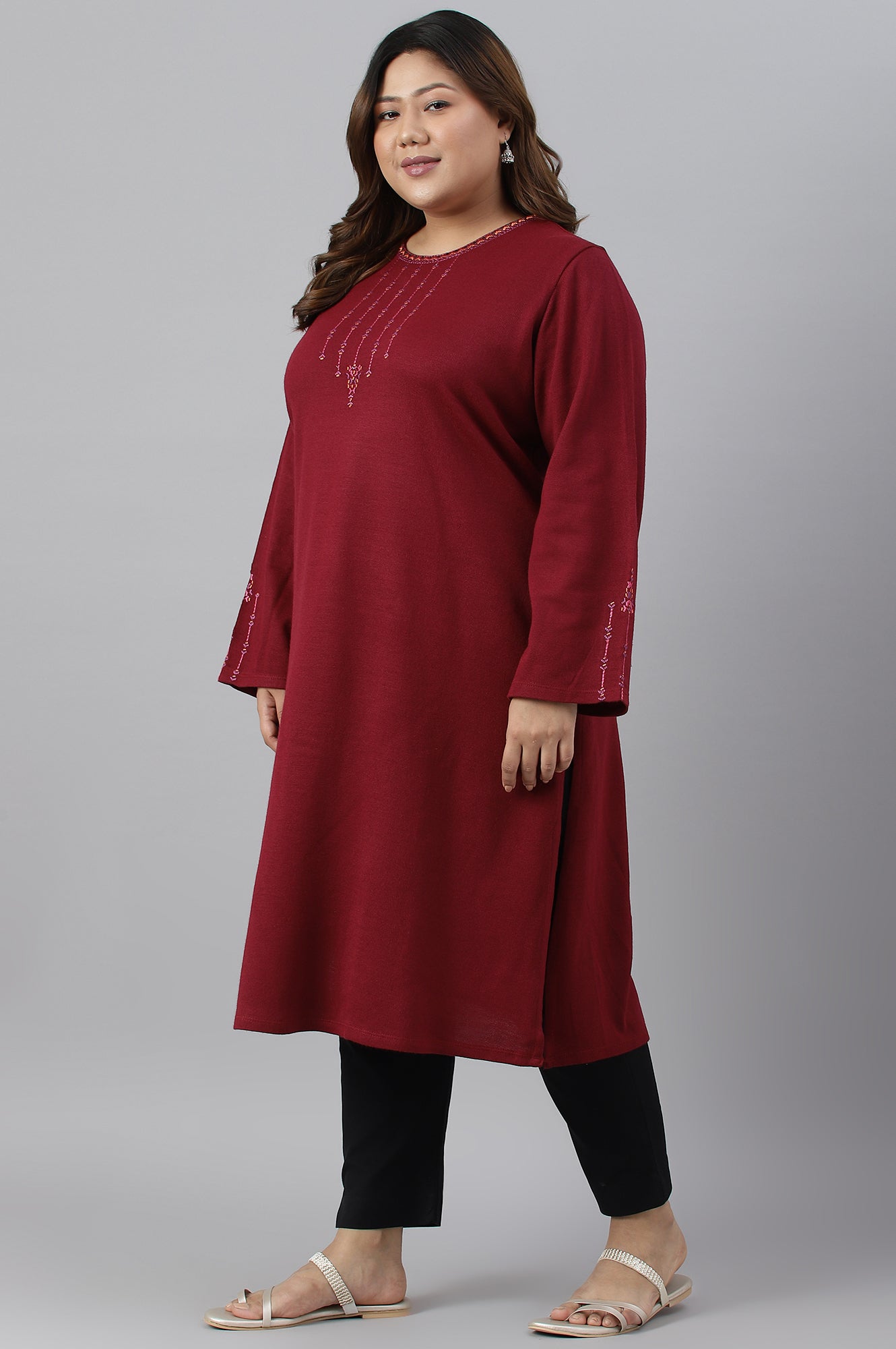 Dark Red Embroidered Plus Size Winter kurta