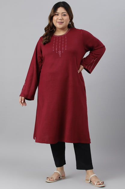 Dark Red Embroidered Plus Size Winter kurta