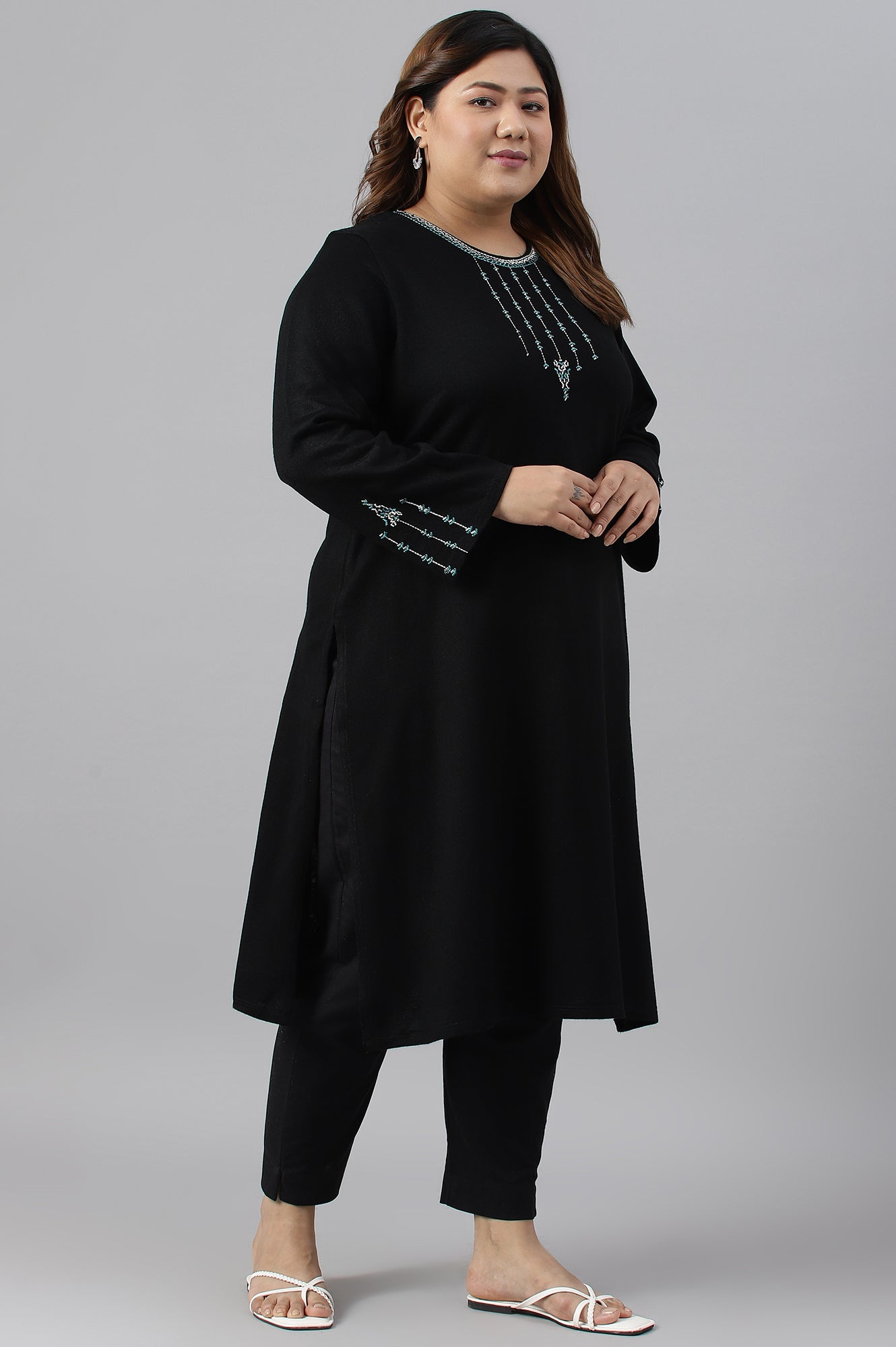 Black Embroidered Plus Size Winter kurta