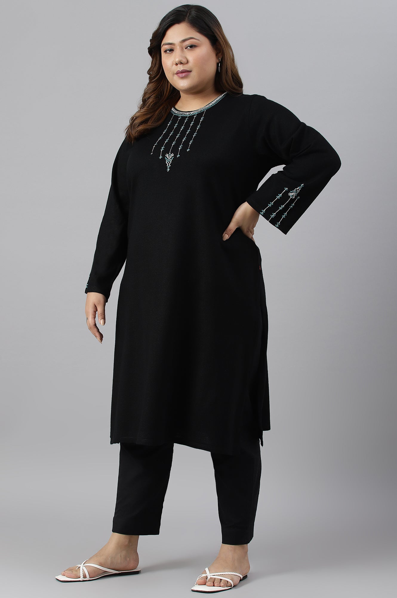 Black Embroidered Plus Size Winter kurta