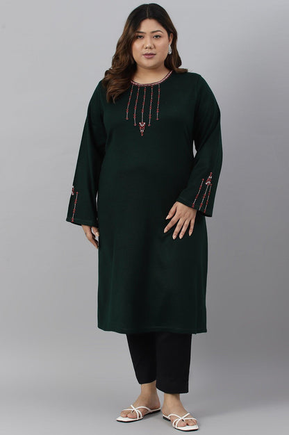 Dark Green Embroidered Plus Size Winter kurta - wforwoman