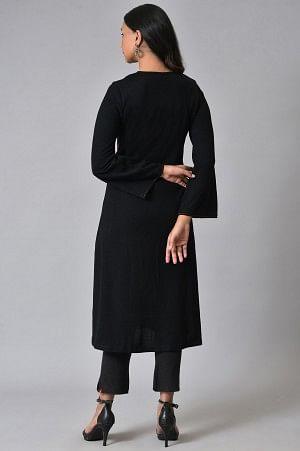 Black Embroidered Flared Winter kurta - wforwoman