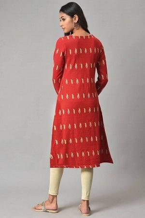 Red Paisley Printed Winter kurta - wforwoman