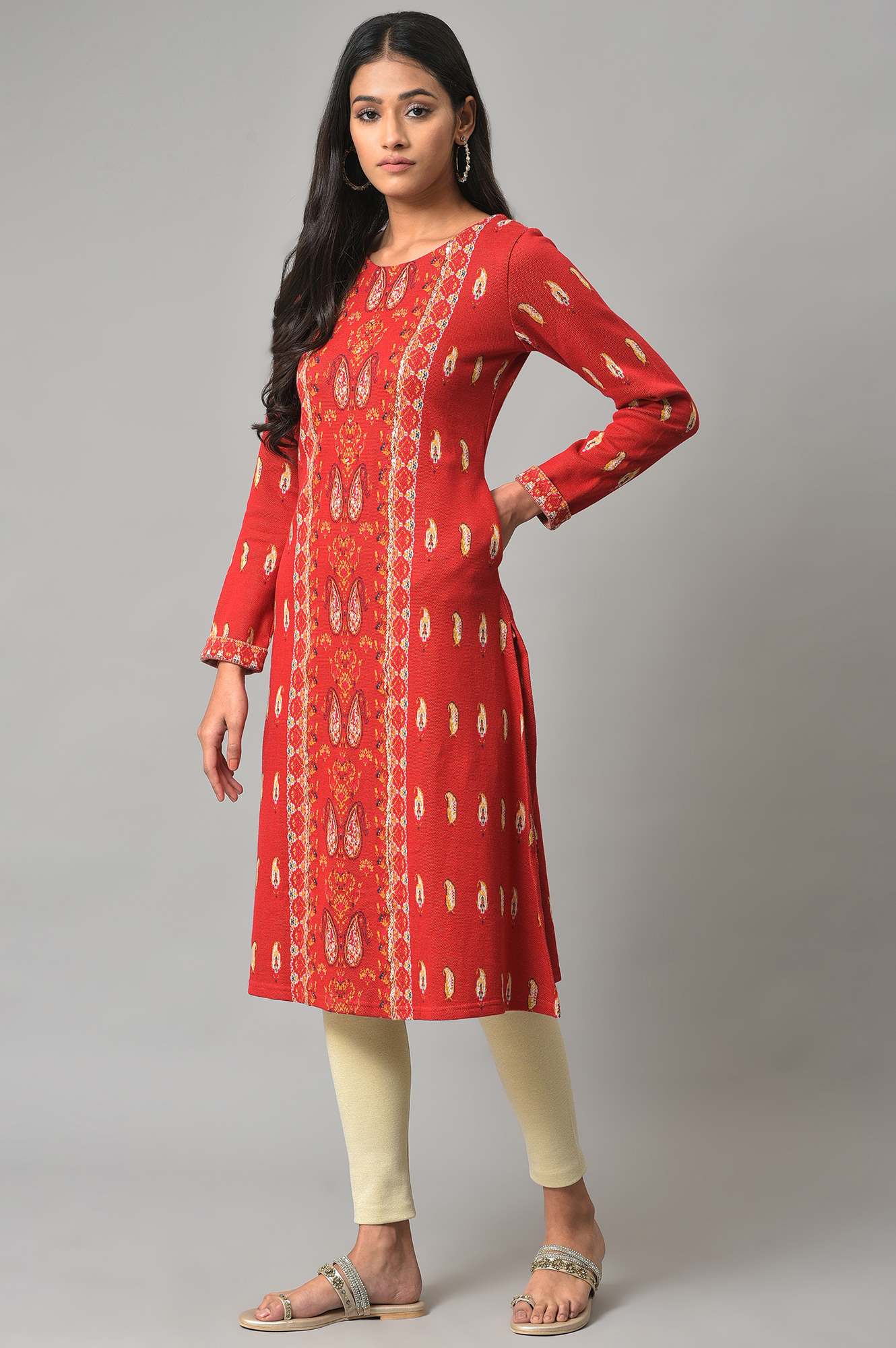 Red Paisley Printed Winter kurta