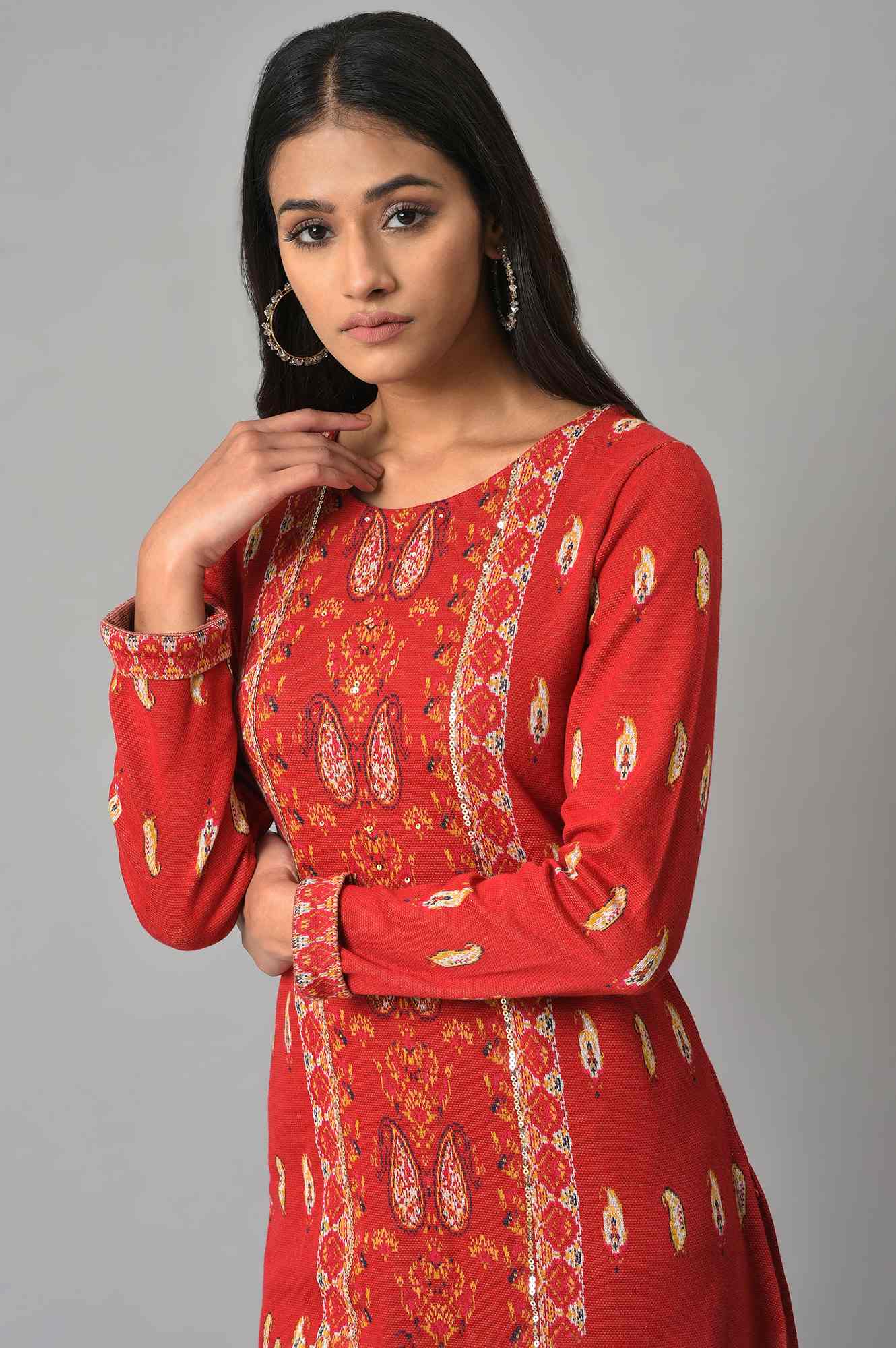 Red Paisley Printed Winter kurta