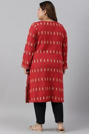 Red Paisley Printed Plus Size Winter kurta - wforwoman