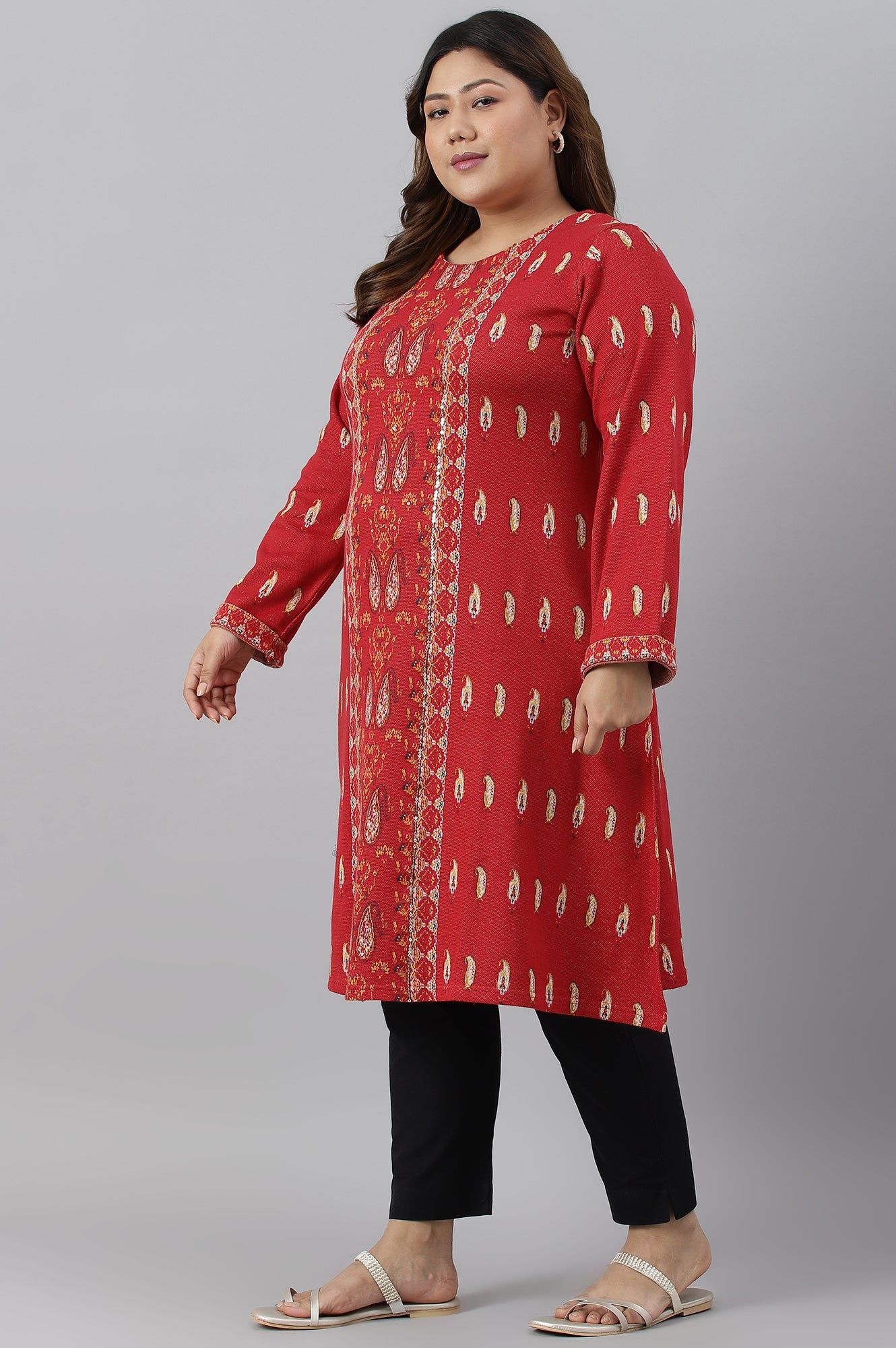 Red Paisley Printed Plus Size Winter kurta