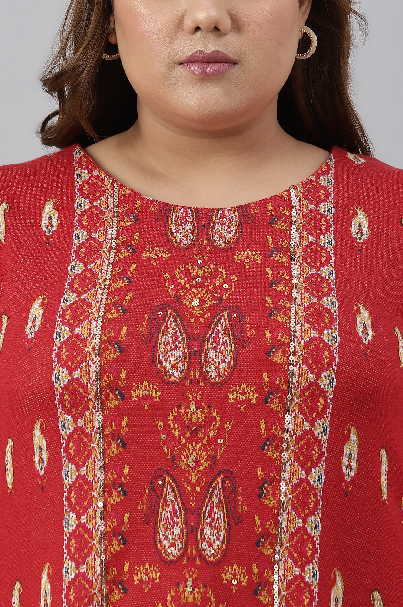 Red Paisley Printed Plus Size Winter kurta