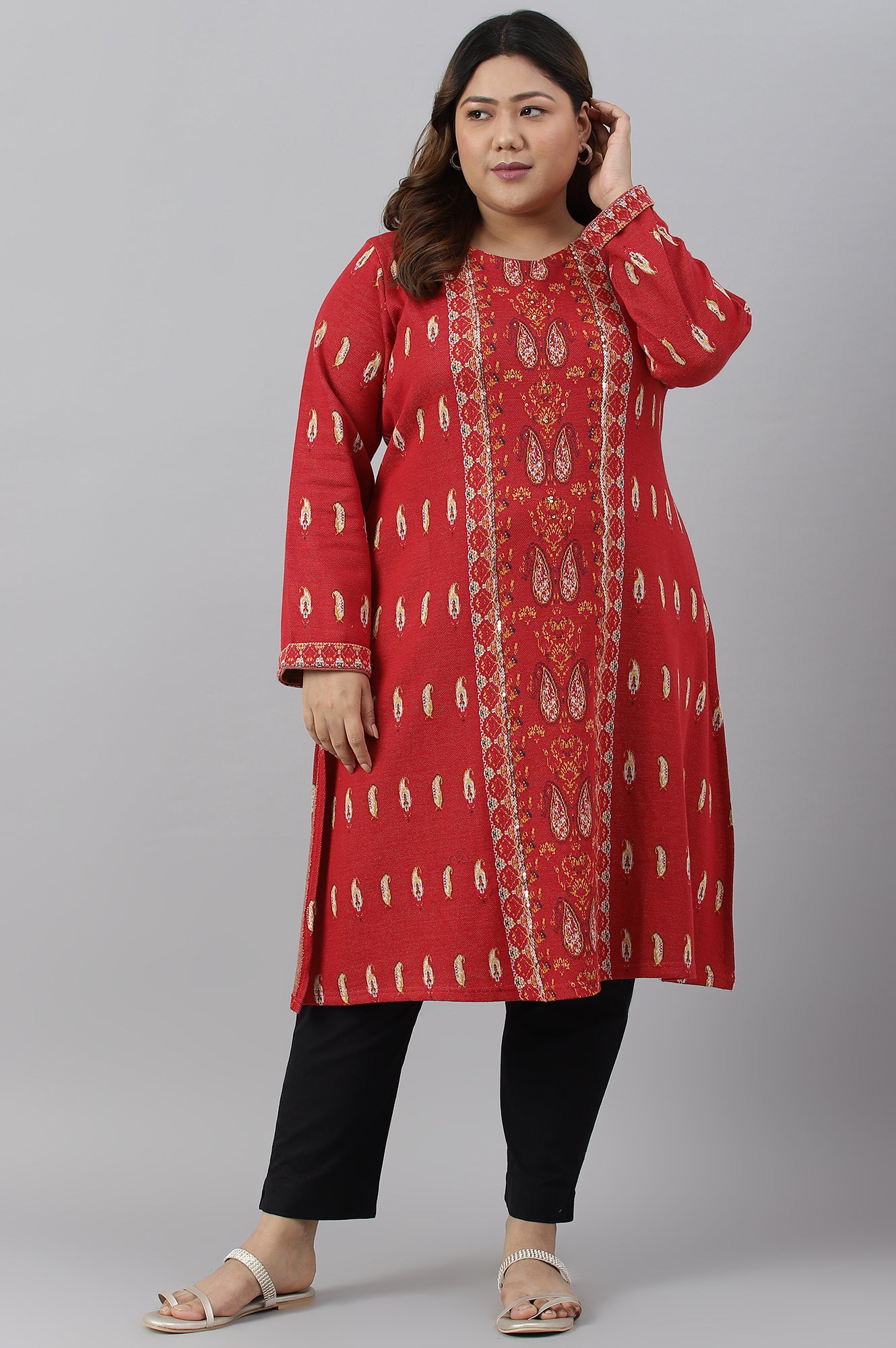 Red Paisley Printed Plus Size Winter kurta