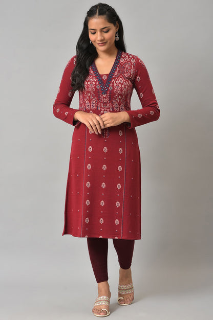 Deep Red Embroidered Winter kurta