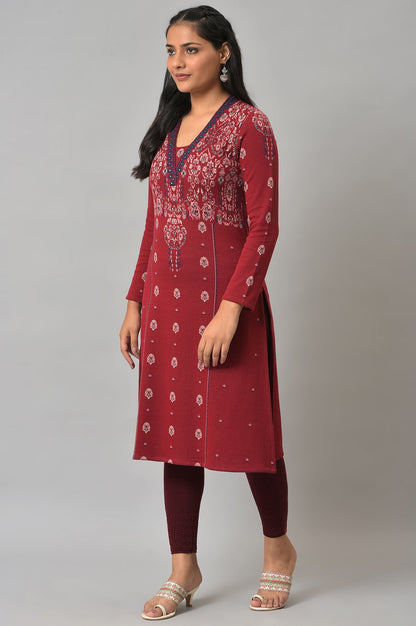 Deep Red Embroidered Winter kurta