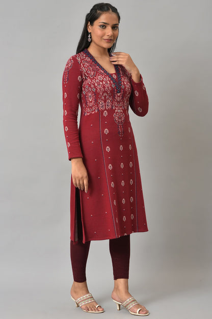 Deep Red Embroidered Winter kurta