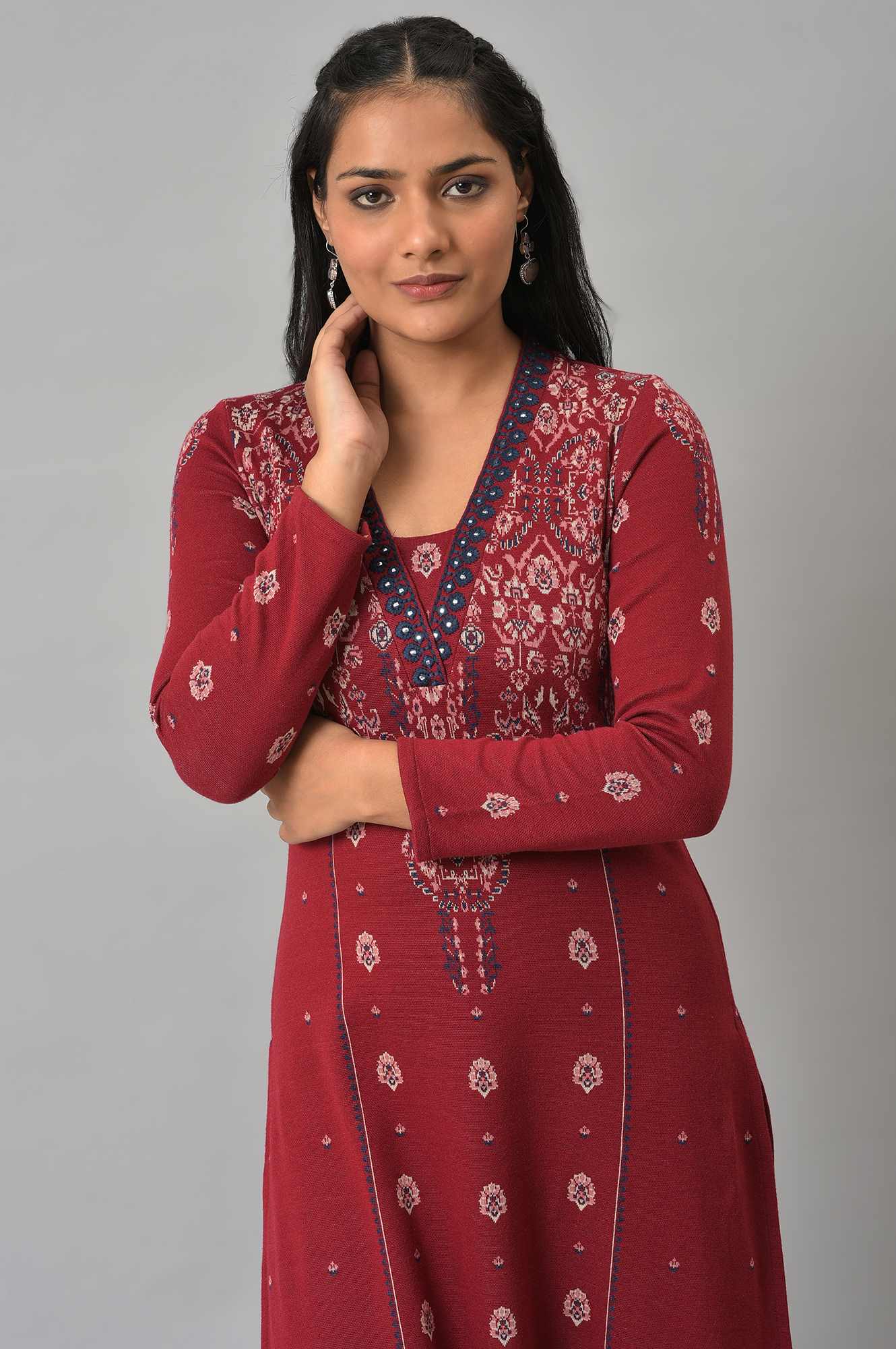 Deep Red Embroidered Winter kurta