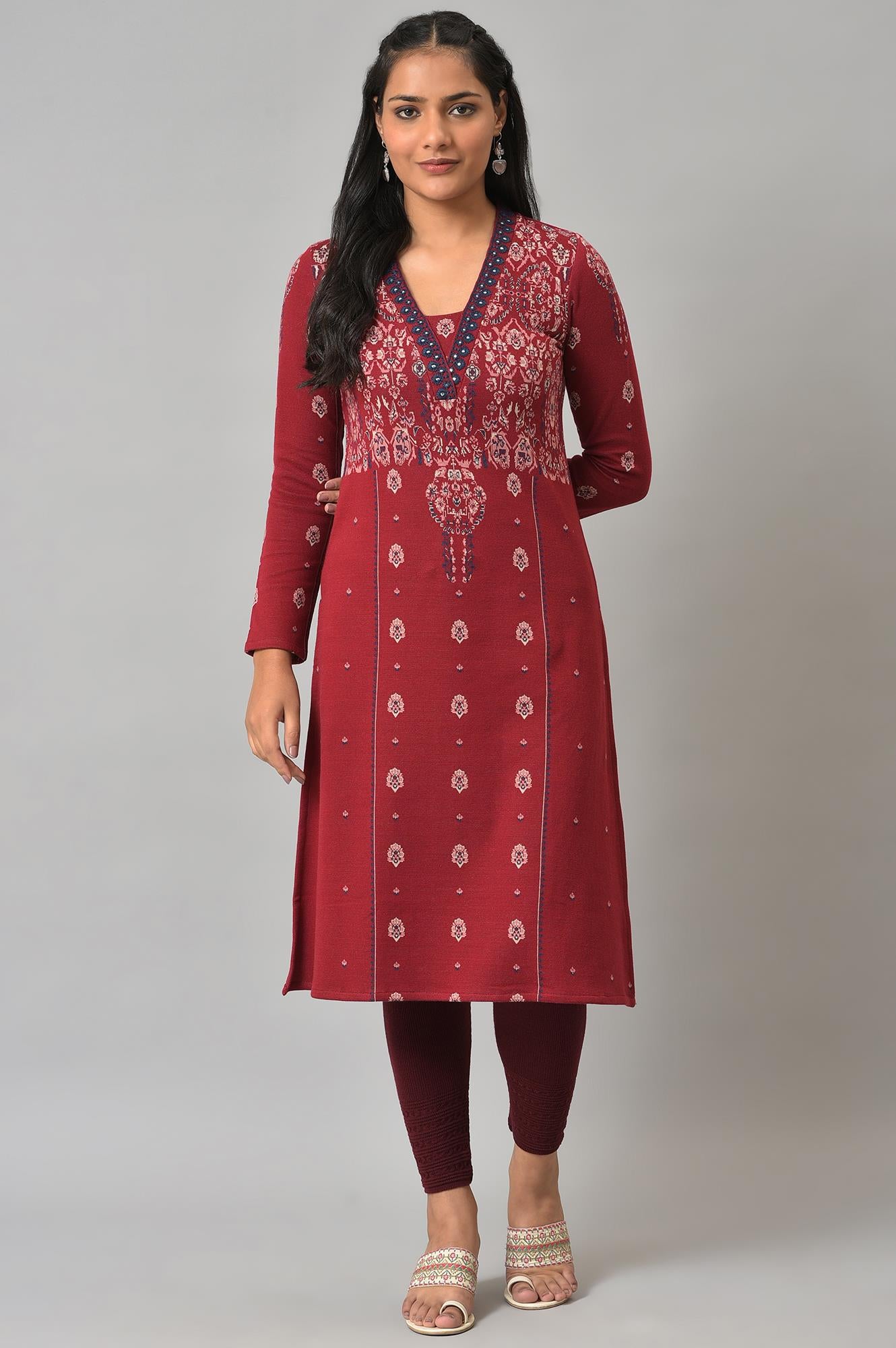 Deep Red Embroidered Winter kurta