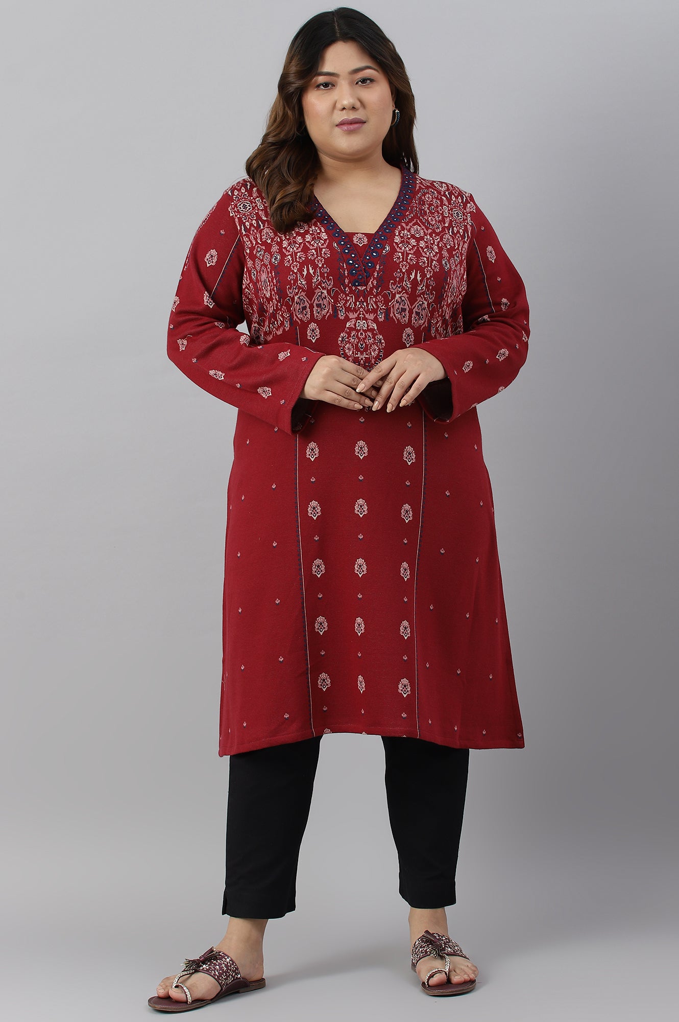 Deep Red Embroidered Plus Size Winter kurta