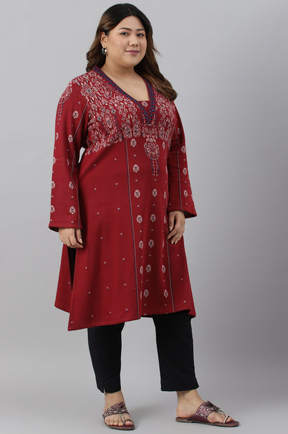 Deep Red Embroidered Plus Size Winter kurta