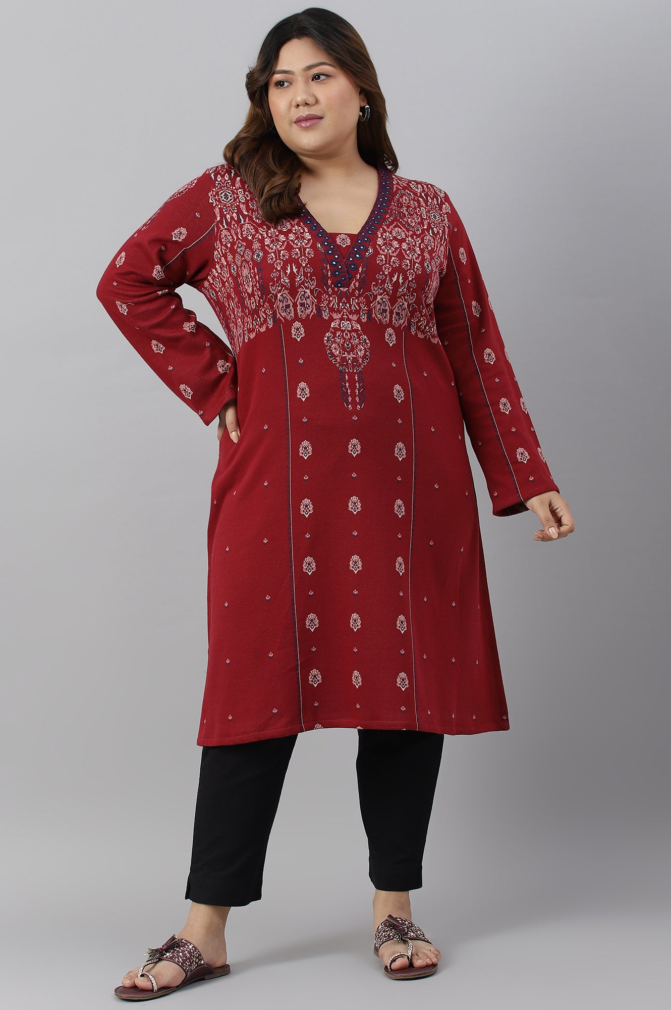 Deep Red Embroidered Plus Size Winter kurta