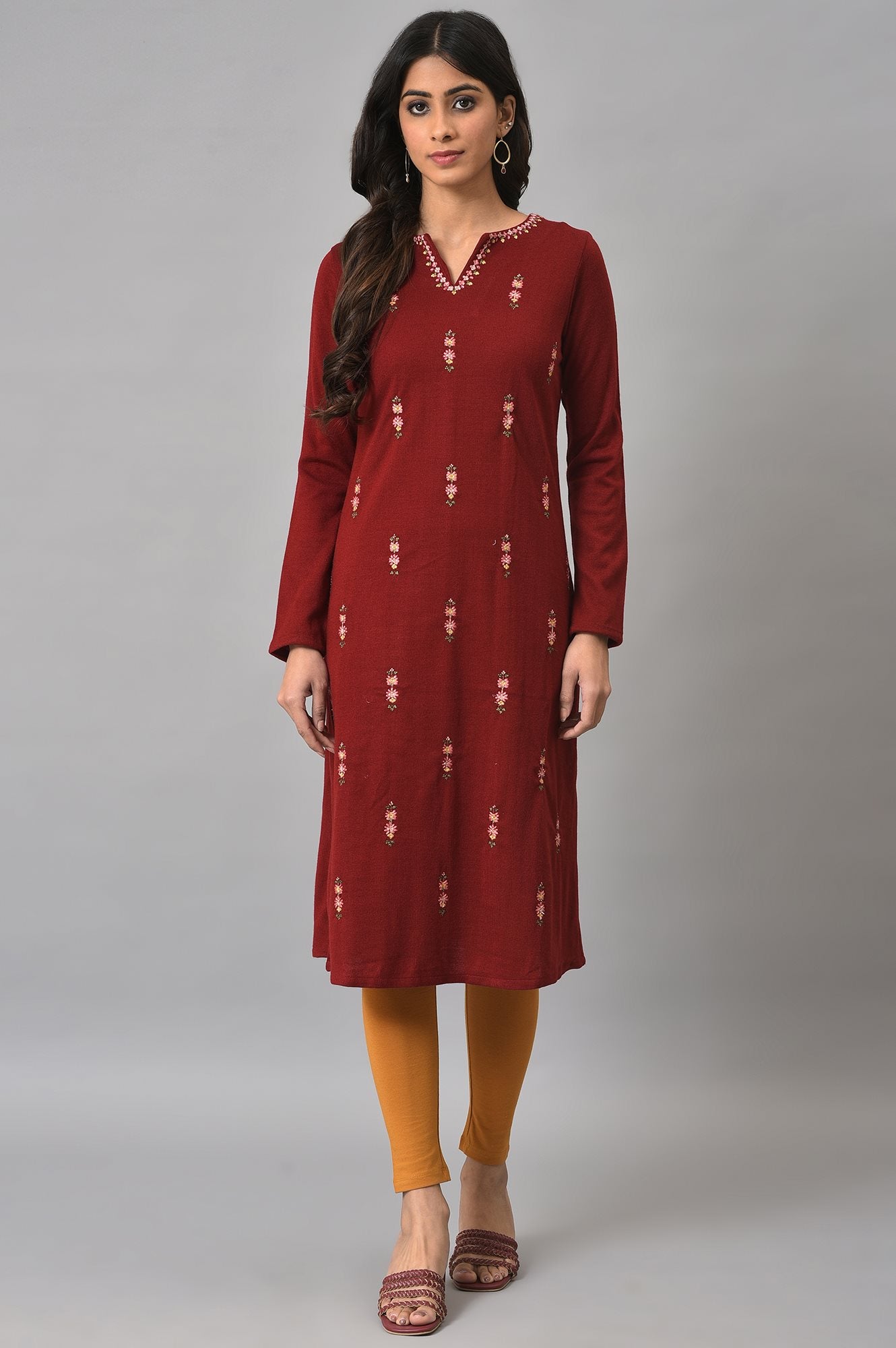 Deep Red Embroidered Plus Size Winter kurta