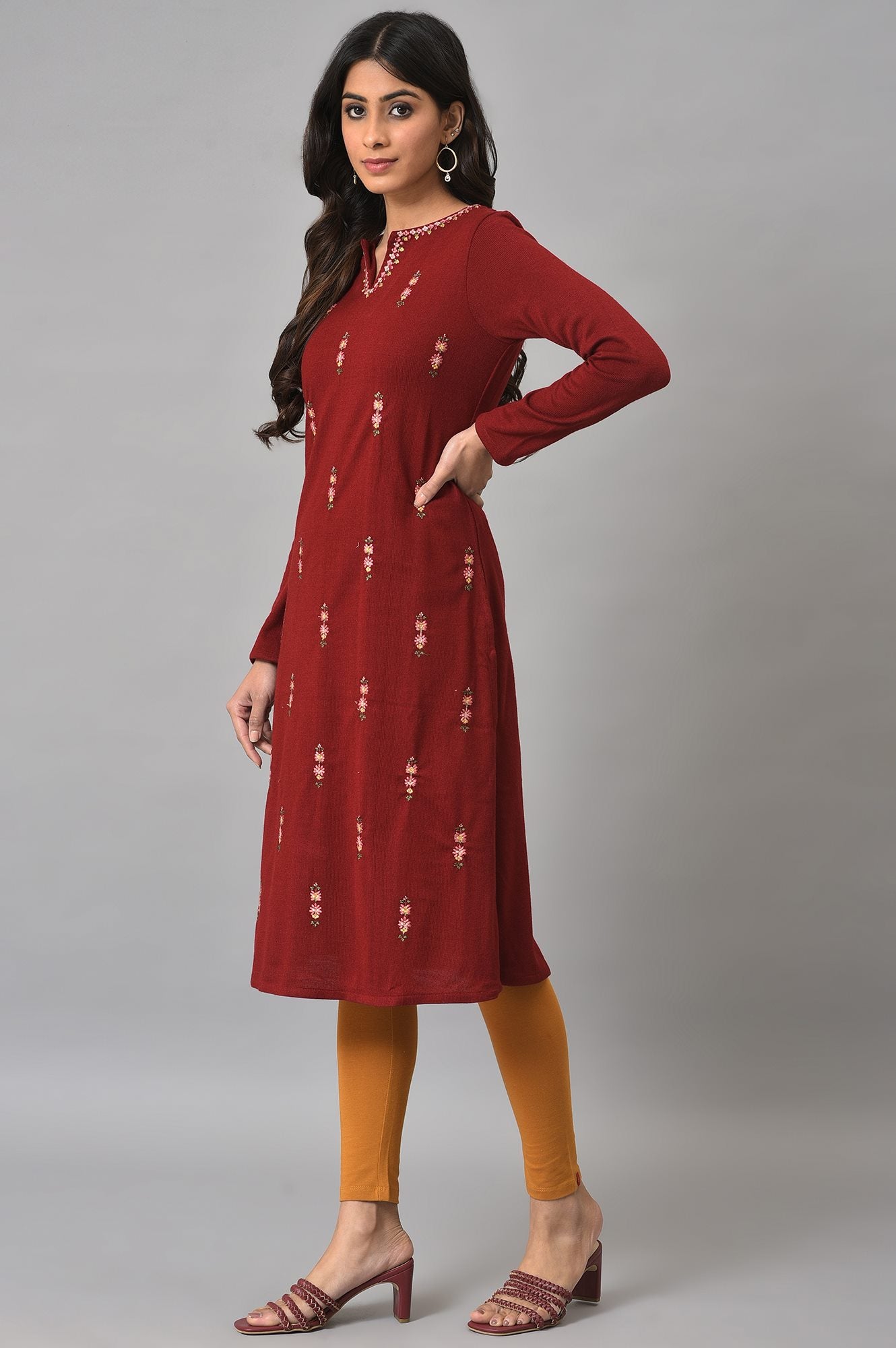 Deep Red Embroidered Plus Size Winter kurta