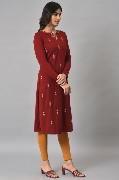 Deep Red Embroidered Plus Size Winter kurta