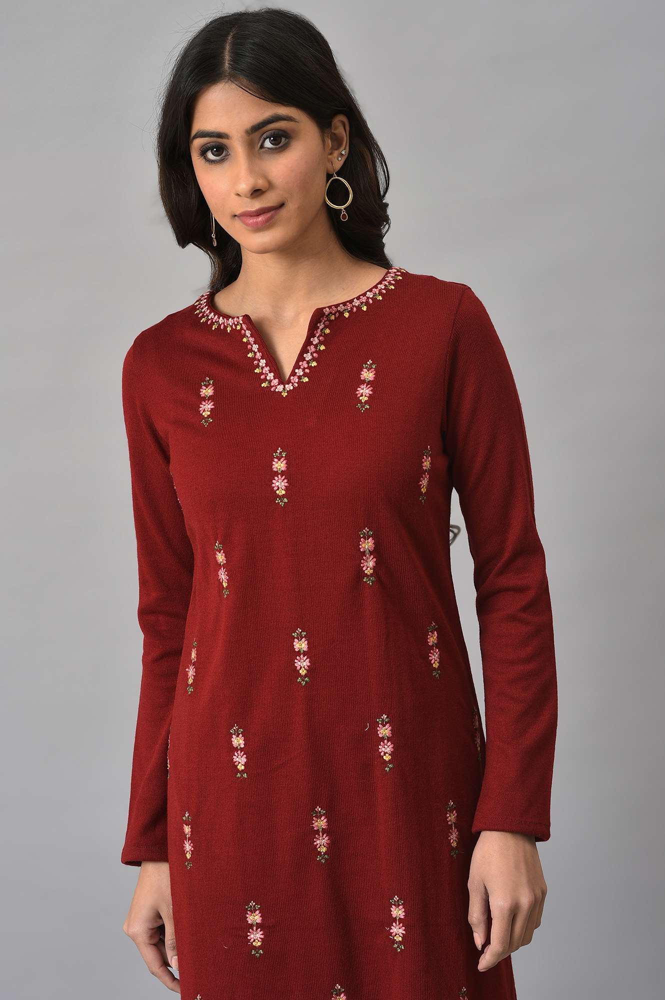 Deep Red Embroidered Winter kurta