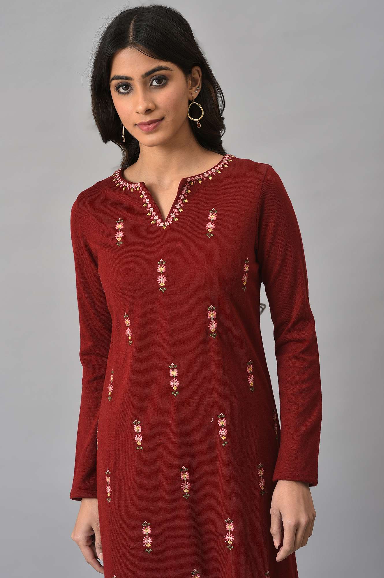 Deep Red Embroidered Plus Size Winter kurta